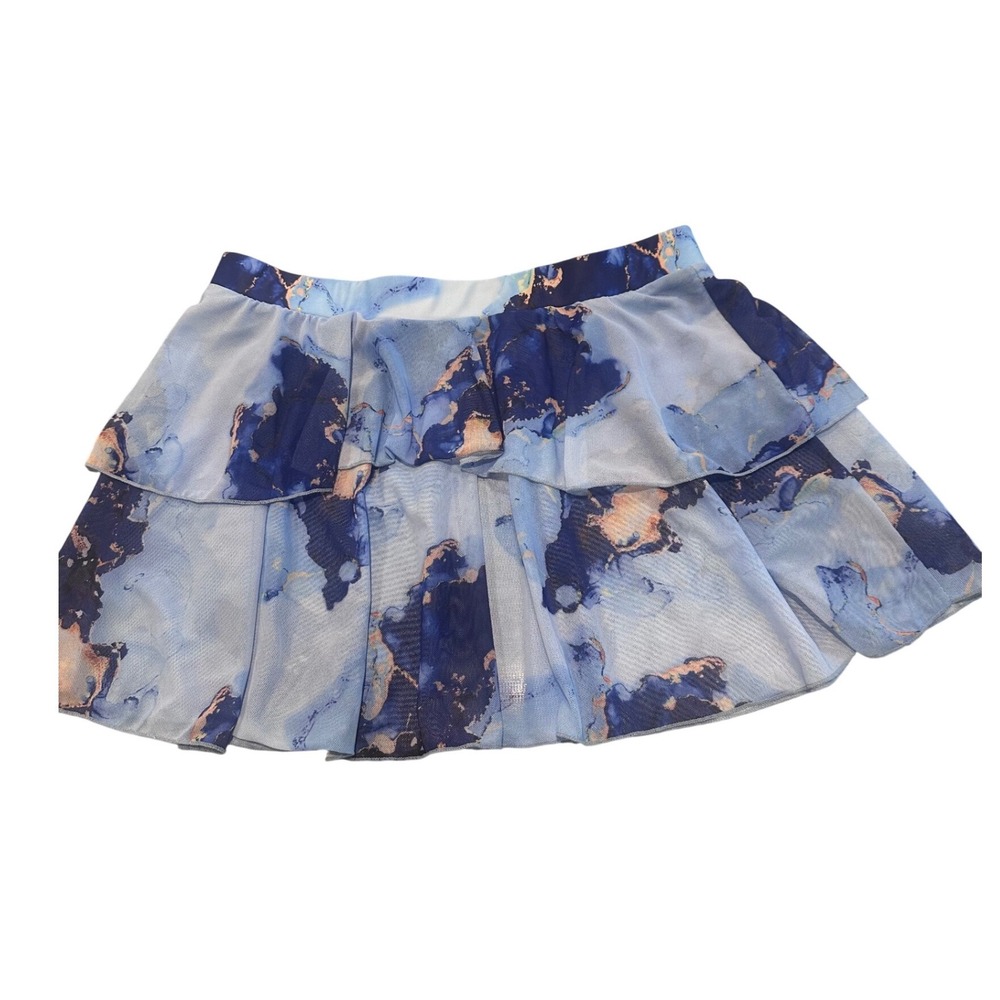 Blue Marble Abstract Print Tiered Mesh Swim CoverUp Ruffle Layered Size Junior L